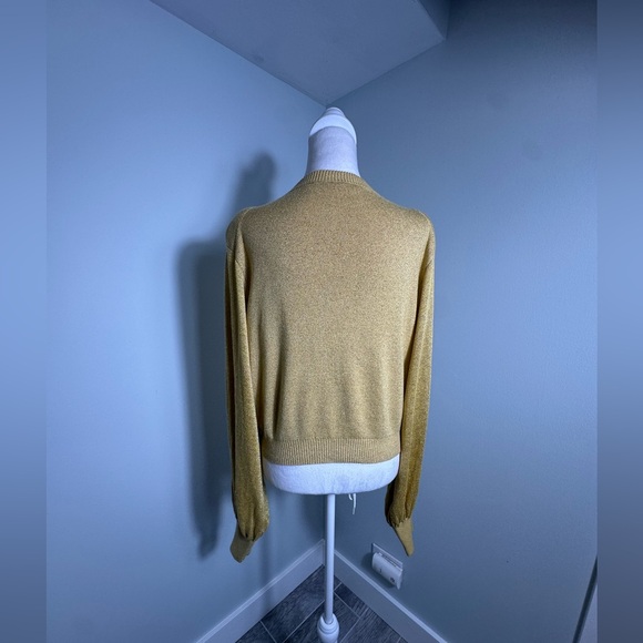 Free People Let it Shine Mustard  Metallic Glitter Ballon Sleeve Light Sweater M - Picture 14 of 16